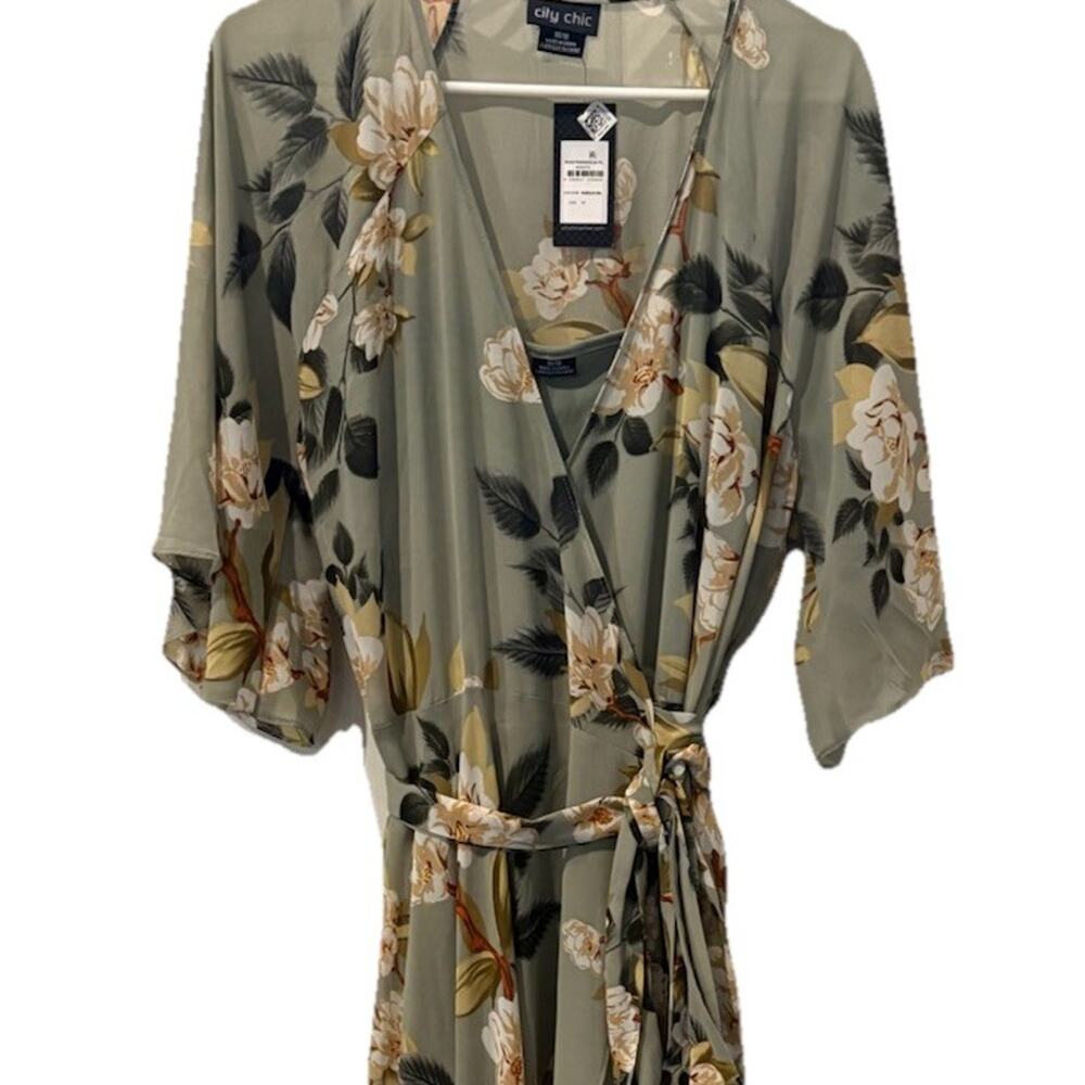NWT City Chic Maxi Dress In Dusty Green Floral Size 18 Tie Waist Hi Low Flowy - Picture 2 of 12